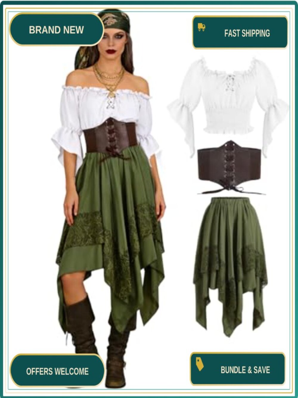 Women's Pirate Costume 3-Piece Set Peasant Top Corset Skirt Halloween